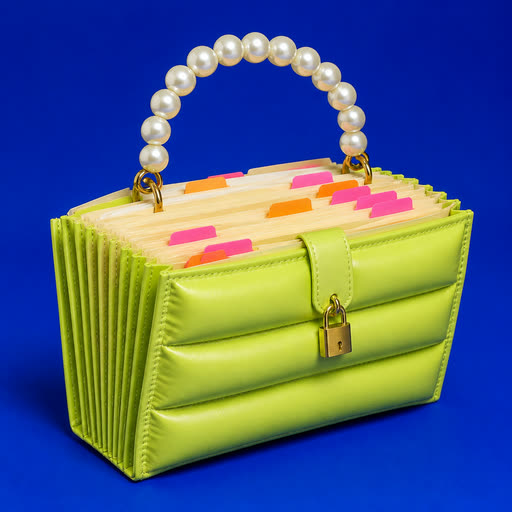 A lime accordion-file handbag with pearl handle and tiny padlock