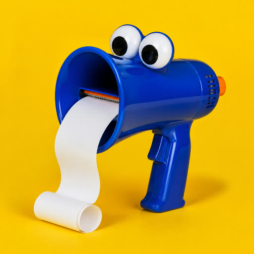 A blue googly-eyed megaphone dispensing blank receipt paper