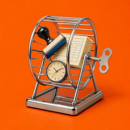 A wind-up office wheel containing a stamp, clock, and blank forms
