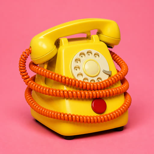 A yellow toy rotary phone wrapped in an impatient orange cord