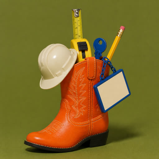 An orange cowboy boot desk caddy full of opening-day tools